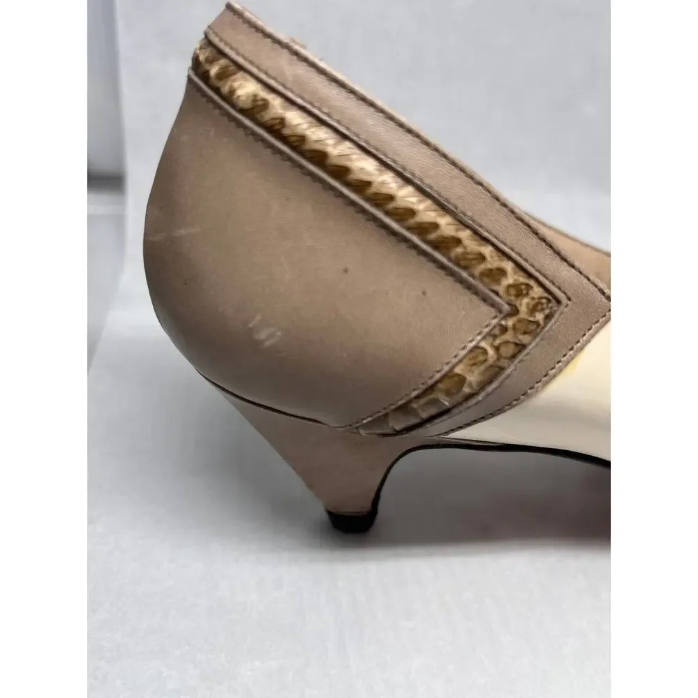 Amalfi Italian Leather Cream and Tan Pumps with Snakeskin Design Size 6.5
